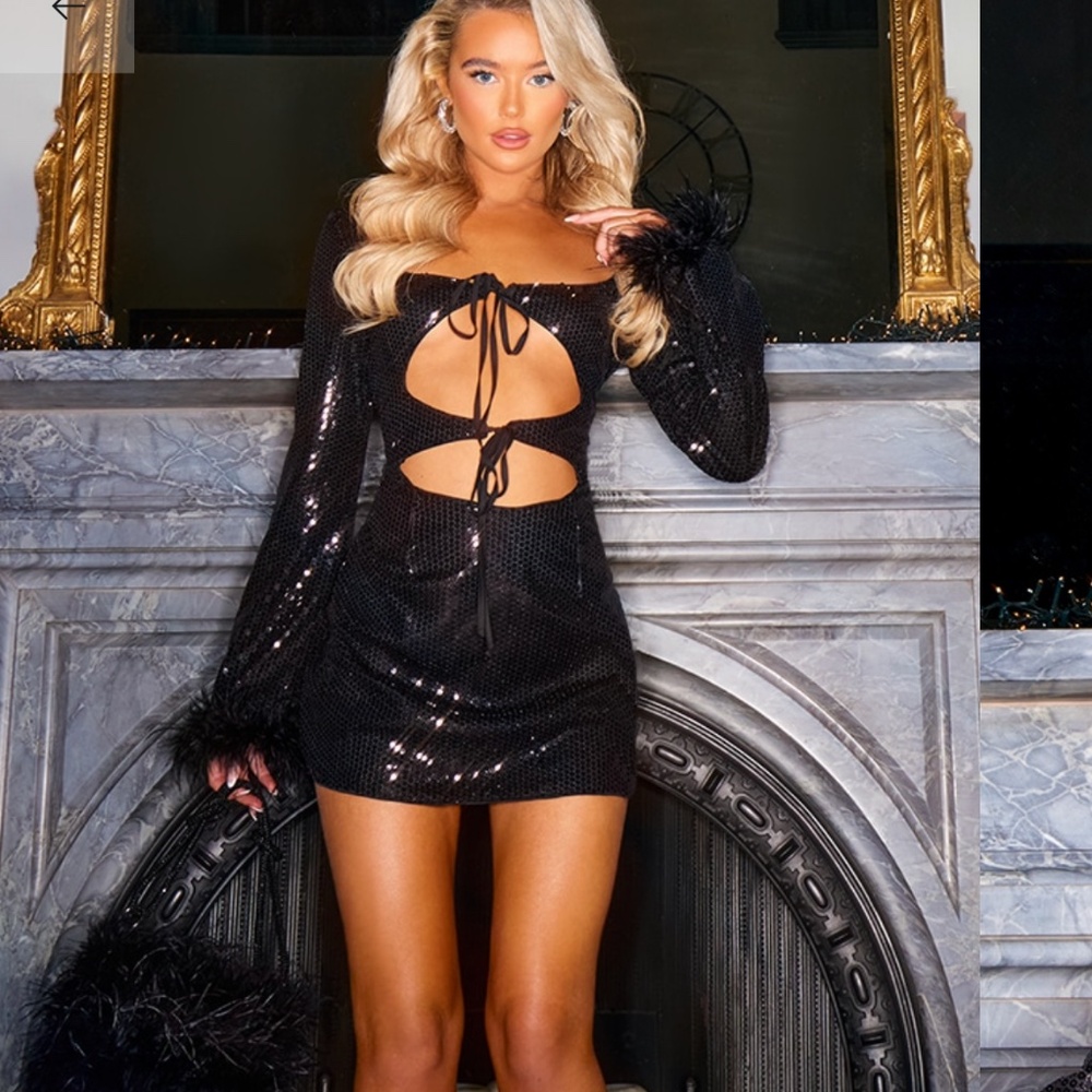 Black Sequin Tie Front Feather Trim